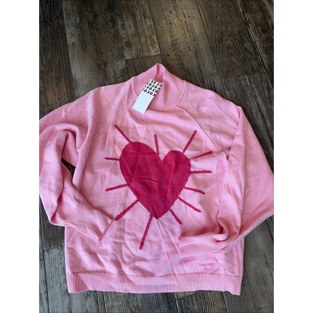 XOKR Kerri Rosenthal Sweater Size XS Pink Heart Mock Neck Cropped Boxy Oversized